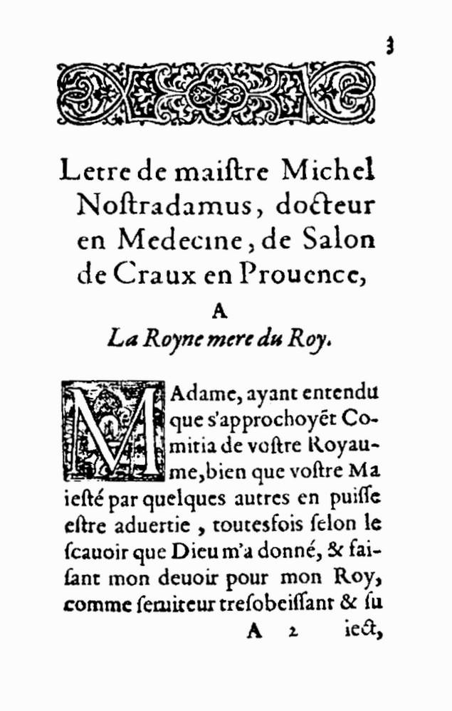 Nostradamus, Letre  la Royne mere du Roy